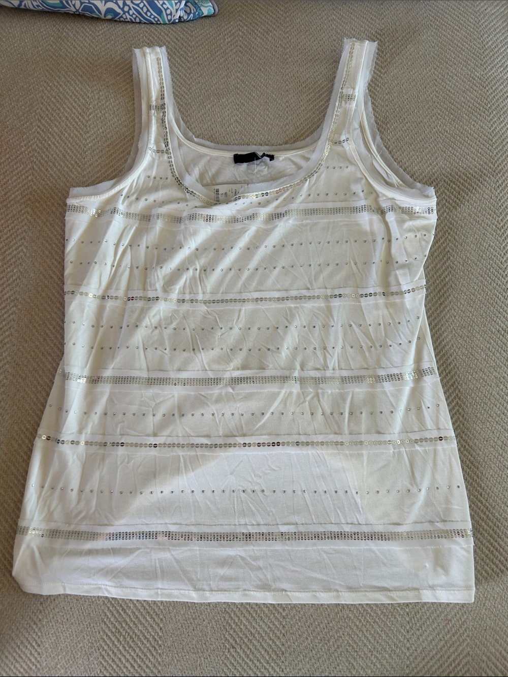 White House Black Market White Scoop Neck Tank with Sequin Stripes